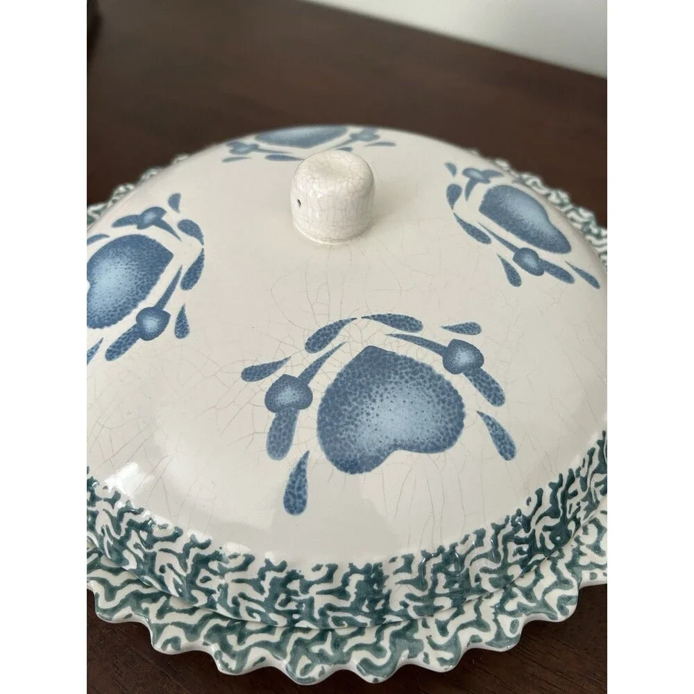 Blue Heart Spongeware 11”  Country Ceramic Pie Keeper Cottagecore Grannycore